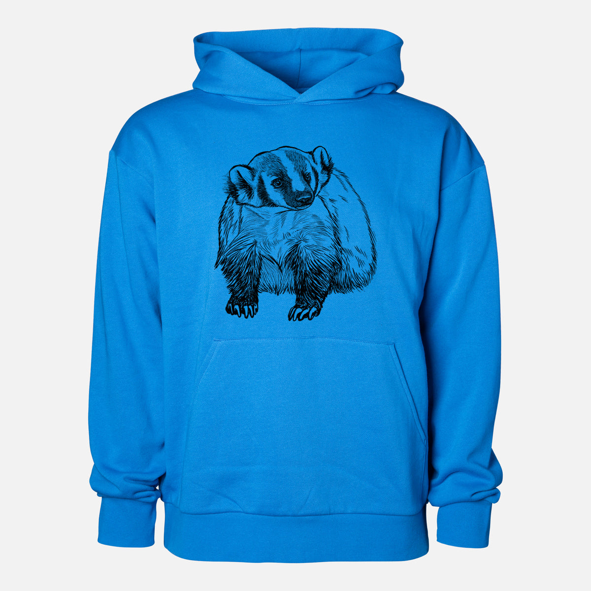 American Badger - Taxidea taxus - Statement Midweight Hoodie in Azure Blue, shown from the front with the design printed on the chest above a front kangaroo pocket.