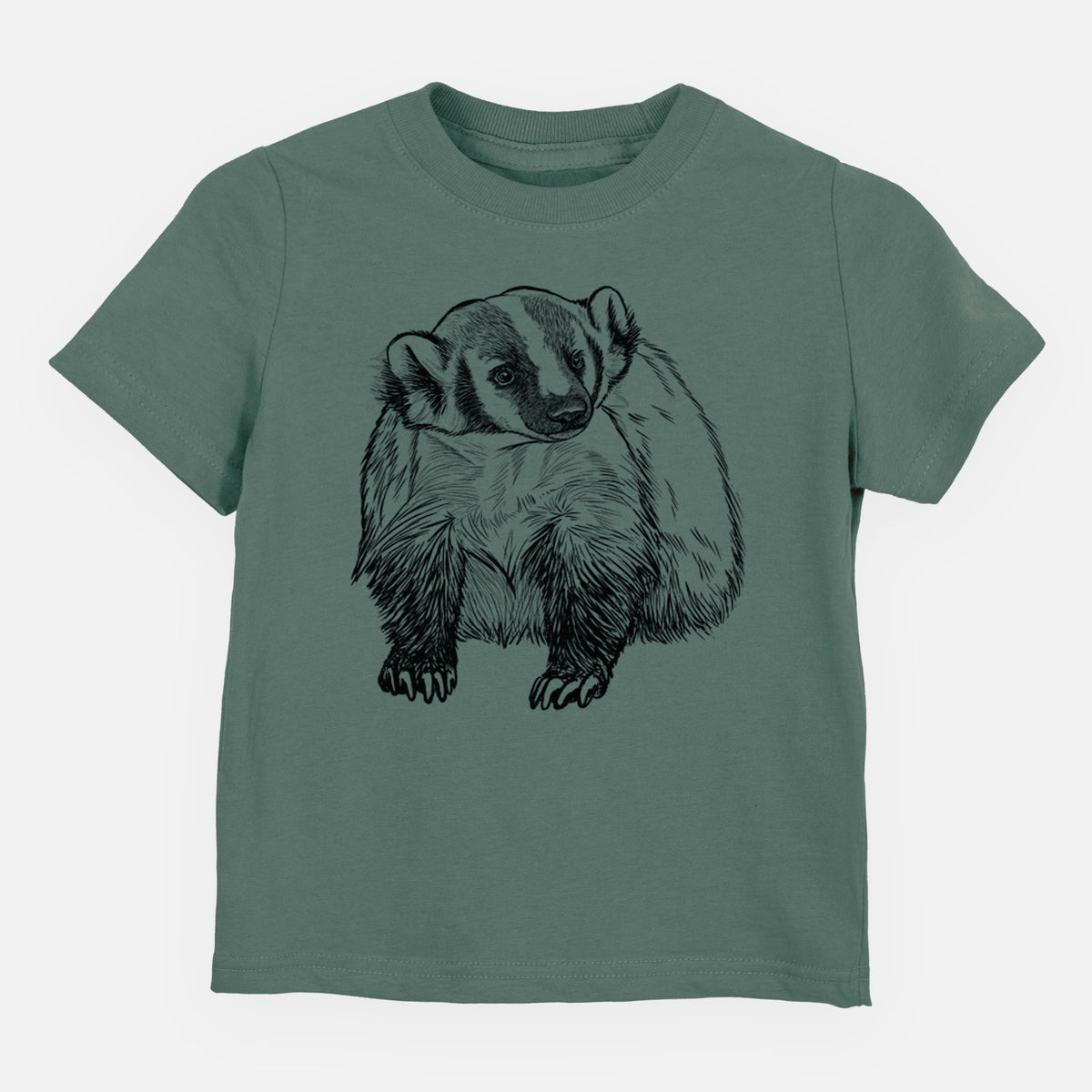 Basil green toddler t-shirt laid flat, printed with a detailed black ink illustration of an American badger facing forward.