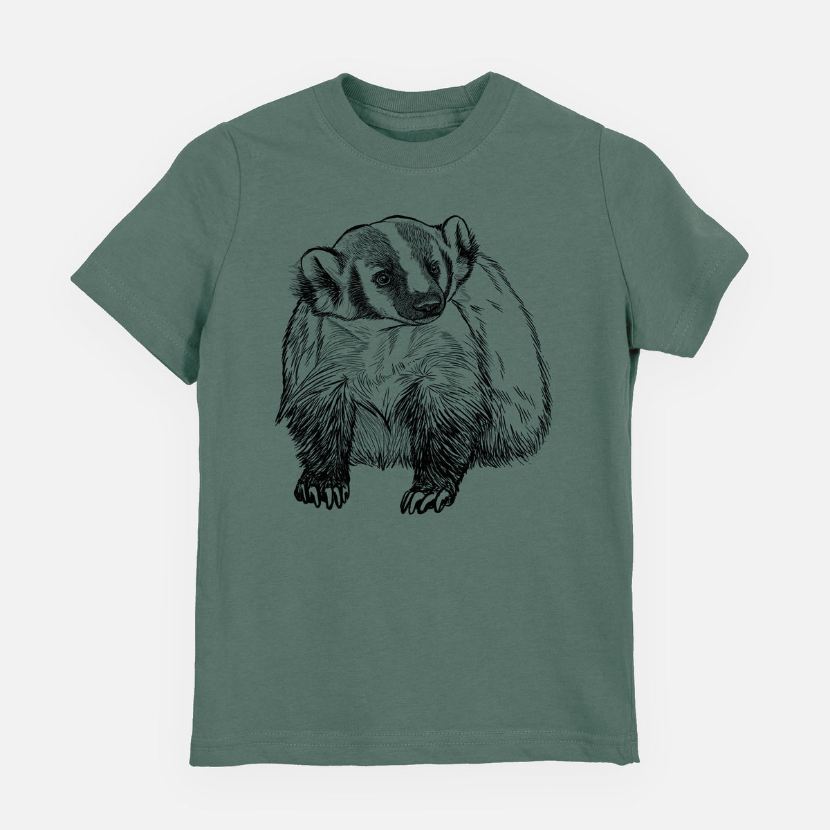 Basil green youth t-shirt laid flat, printed with a detailed black ink illustration of an American badger facing forward.