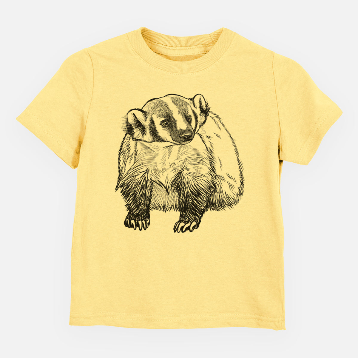 Butter yellow toddler t-shirt laid flat, printed with a detailed black ink illustration of an American badger facing forward.