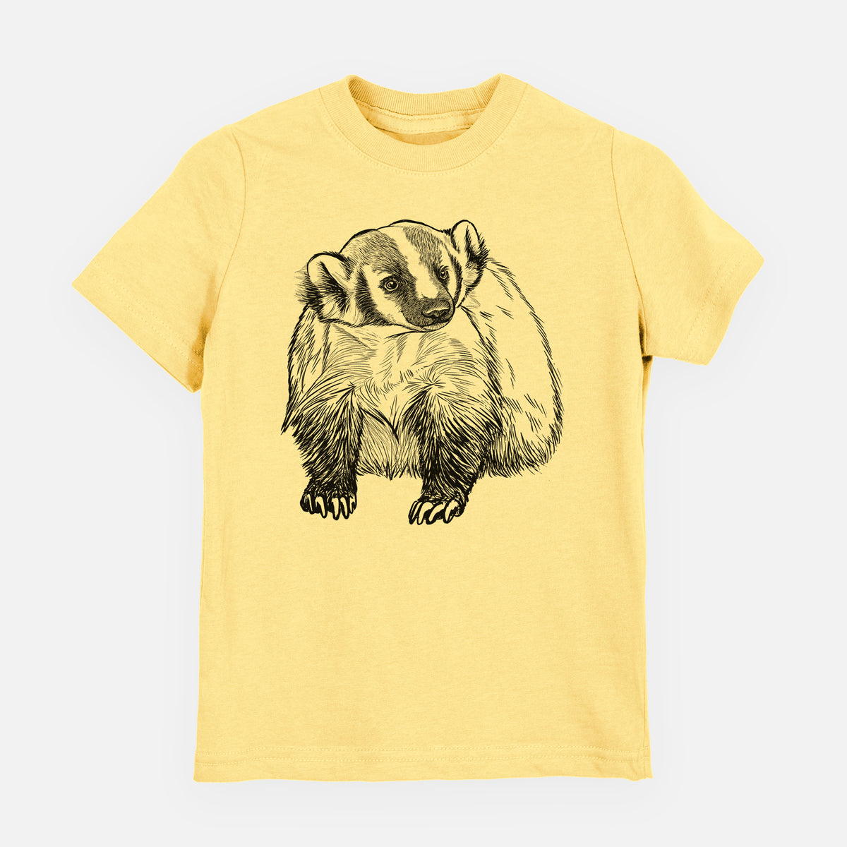 Butter yellow youth t-shirt laid flat, printed with a detailed black ink illustration of an American badger facing forward.