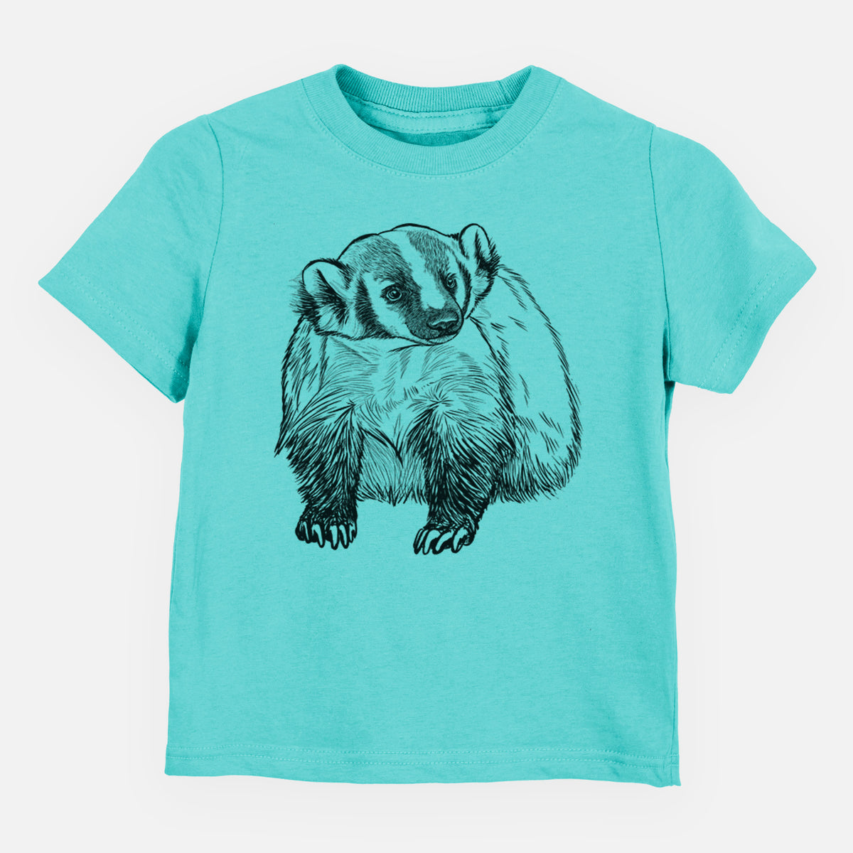 Caribbean blue toddler t-shirt laid flat, printed with a detailed black ink illustration of an American badger facing forward.