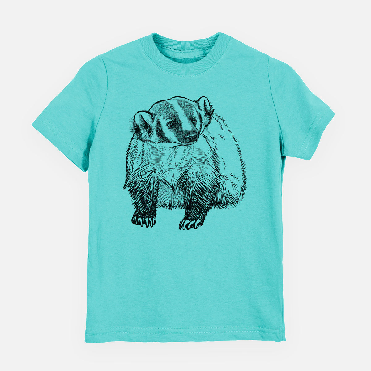 Caribbean blue youth t-shirt laid flat, printed with a detailed black ink illustration of an American badger facing forward.