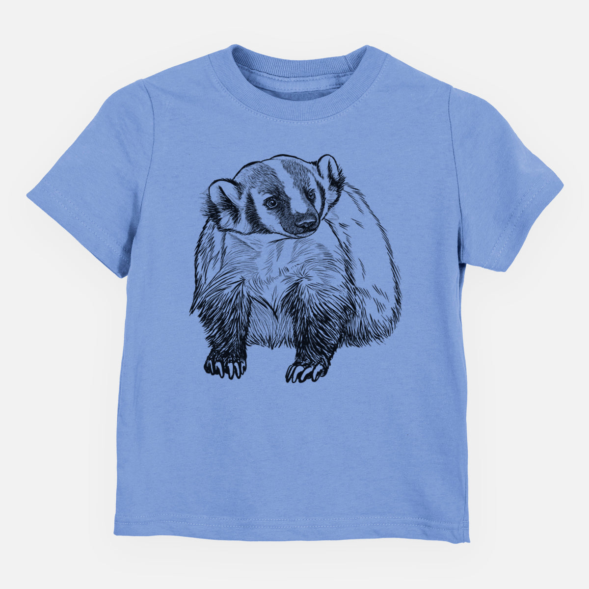 Carolina blue toddler t-shirt laid flat, printed with a detailed black ink illustration of an American badger facing forward.