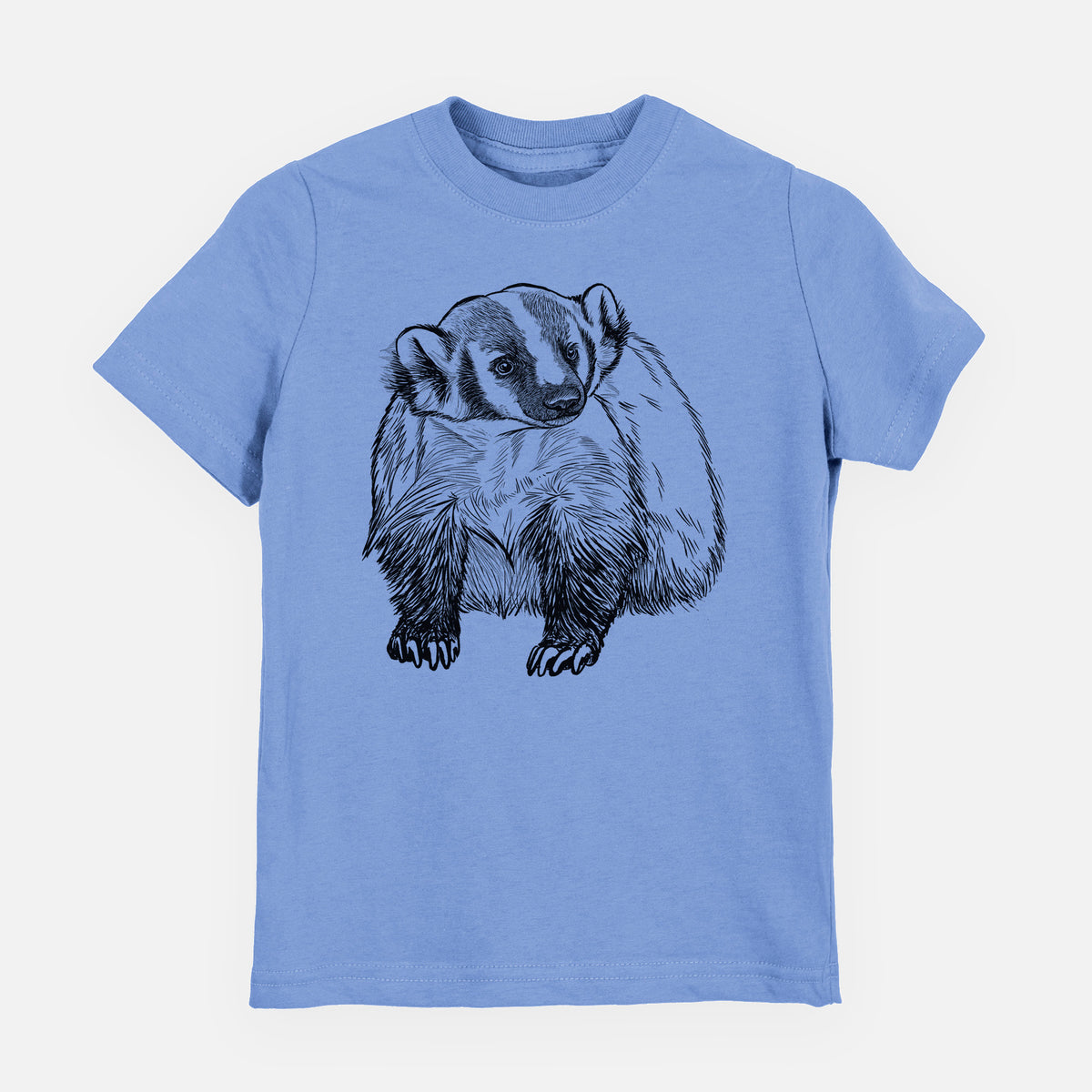 Carolina blue youth t-shirt laid flat, printed with a detailed black ink illustration of an American badger facing forward.