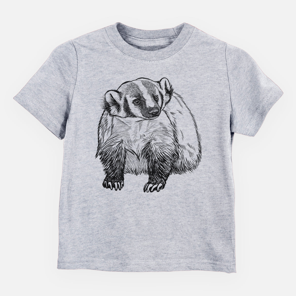 Heather grey toddler t-shirt laid flat, printed with a detailed black ink illustration of an American badger facing forward.
