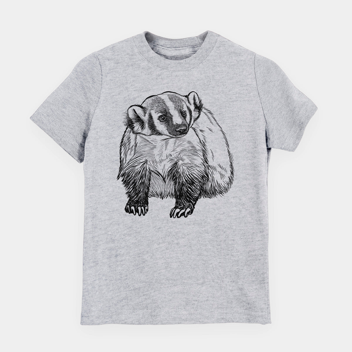 Heather grey youth t-shirt laid flat, printed with a detailed black ink illustration of an American badger facing forward.