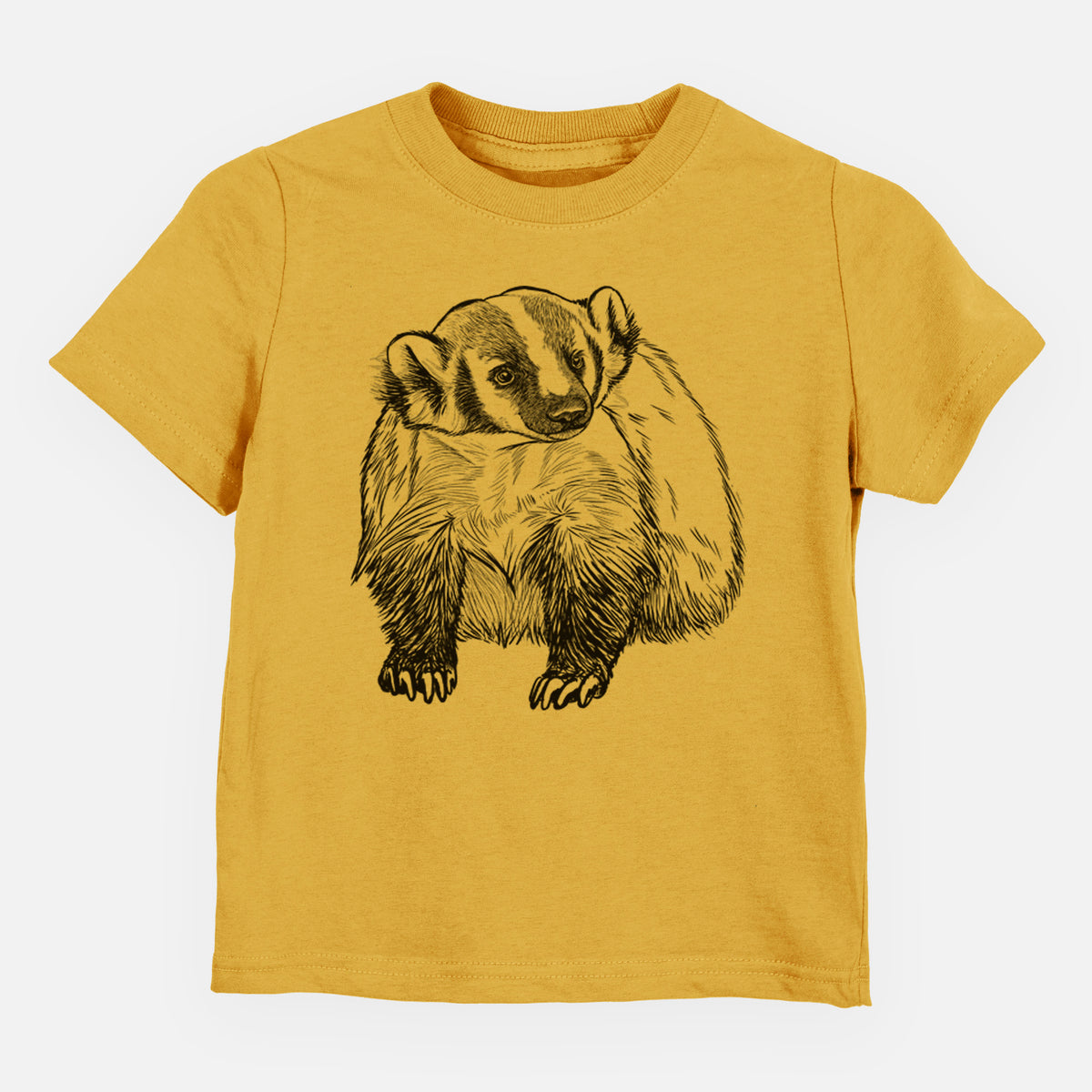 Honeycomb yellow toddler t-shirt laid flat, printed with a detailed black ink illustration of an American badger facing forward.