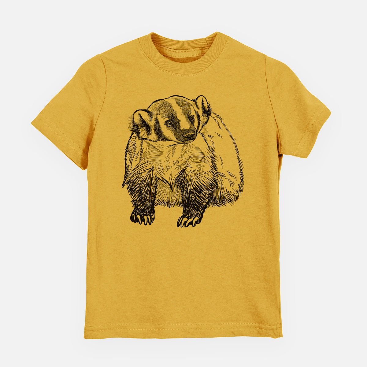 Honeycomb yellow youth t-shirt laid flat, printed with a detailed black ink illustration of an American badger facing forward.