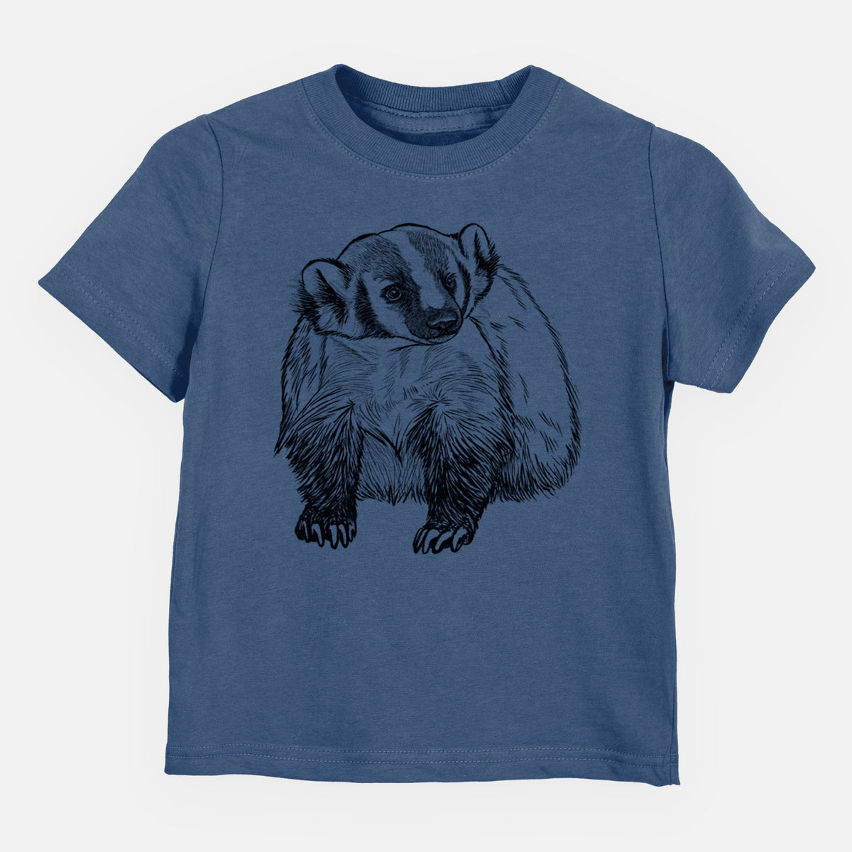 Indigo blue toddler t-shirt laid flat, printed with a detailed black ink illustration of an American badger facing forward.