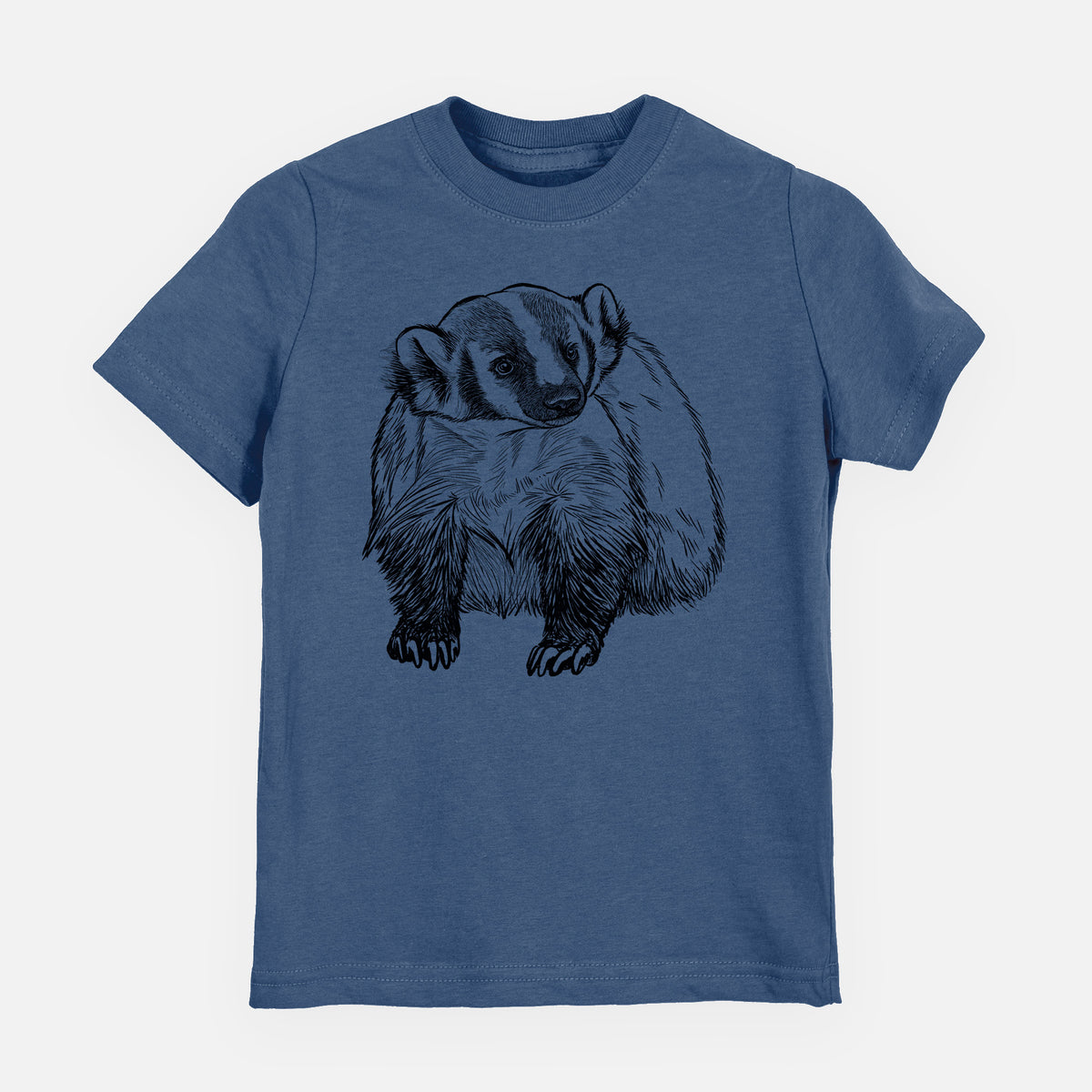 Indigo blue youth t-shirt laid flat, printed with a detailed black ink illustration of an American badger facing forward.