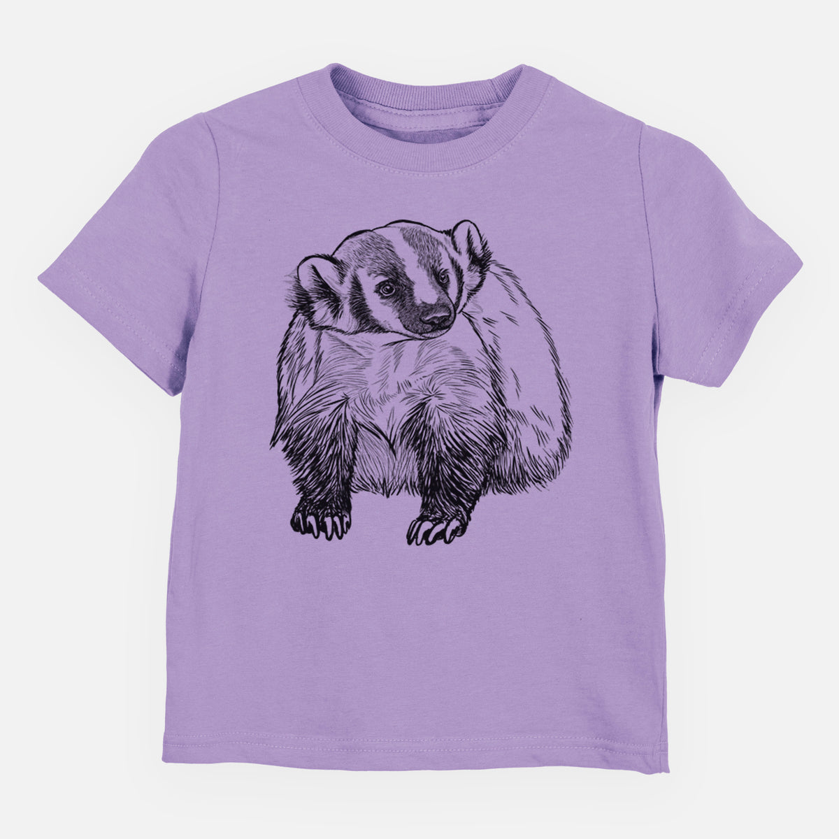 Lavender toddler t-shirt laid flat, printed with a detailed black ink illustration of an American badger facing forward.
