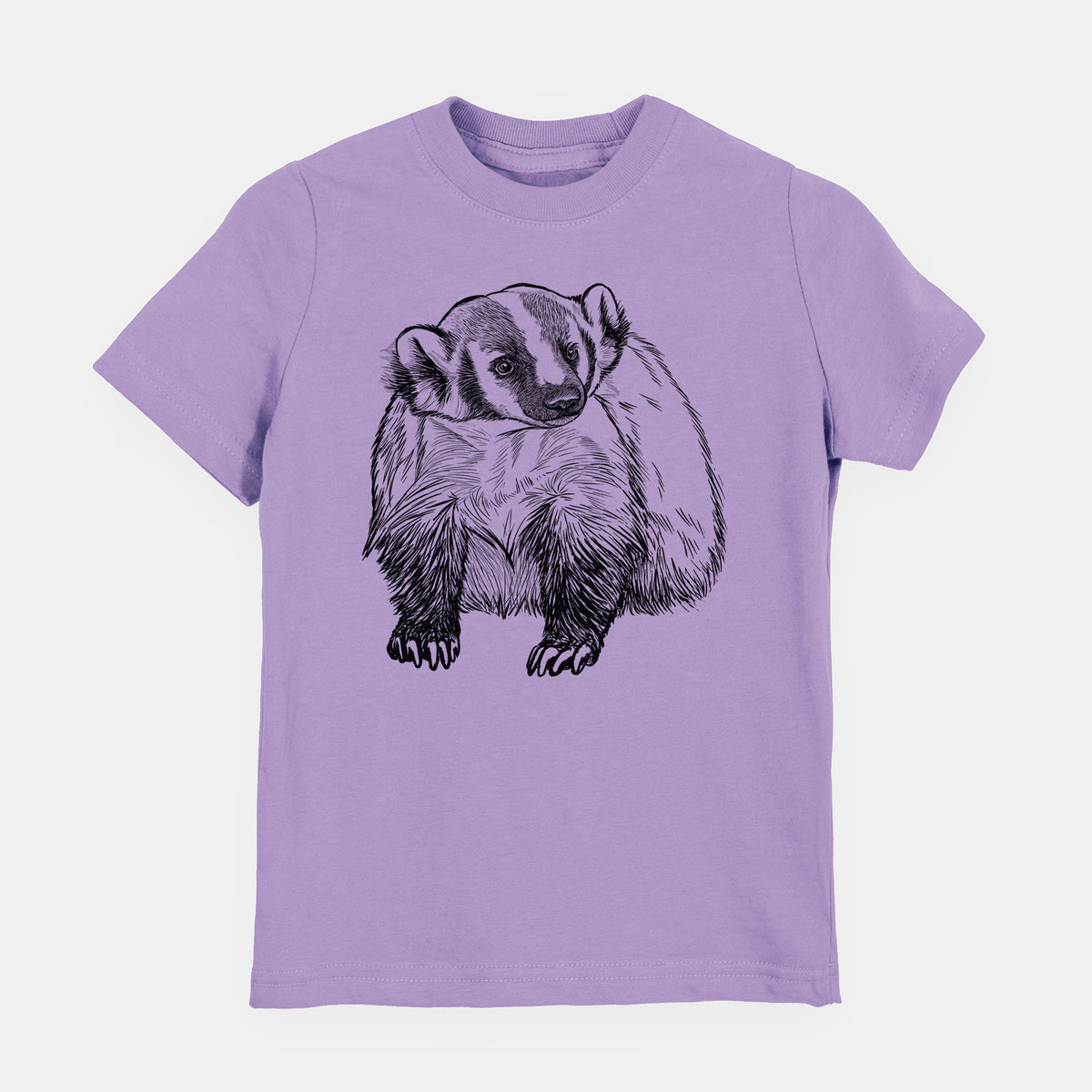 Lavender youth t-shirt laid flat, printed with a detailed black ink illustration of an American badger facing forward.
