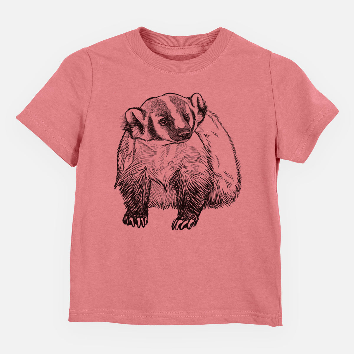 Mauve pink toddler t-shirt laid flat, printed with a detailed black ink illustration of an American badger facing forward.