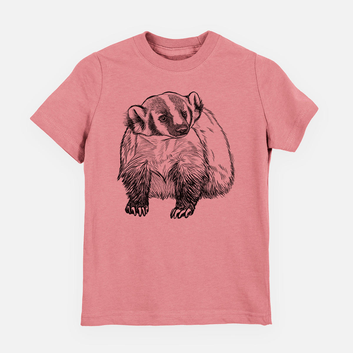 Mauve pink youth t-shirt laid flat, printed with a detailed black ink illustration of an American badger facing forward.