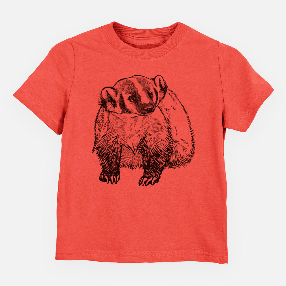 Passionfruit pink toddler t-shirt laid flat, printed with a detailed black ink illustration of an American badger facing forward.