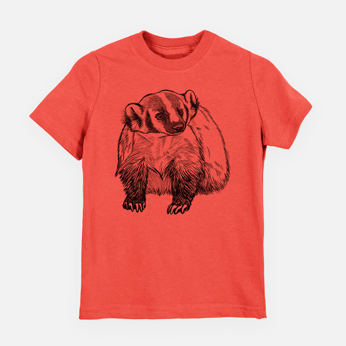 Passionfruit pink youth t-shirt laid flat, printed with a detailed black ink illustration of an American badger facing forward.