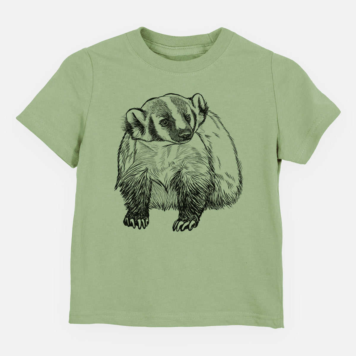 Sage green toddler t-shirt laid flat, printed with a detailed black ink illustration of an American badger facing forward.