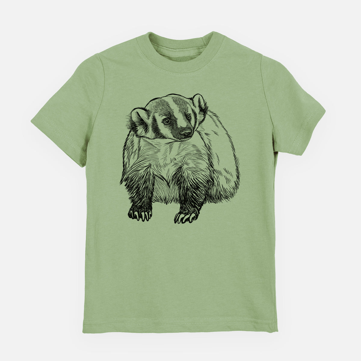 Sage green youth t-shirt laid flat, printed with a detailed black ink illustration of an American badger facing forward.
