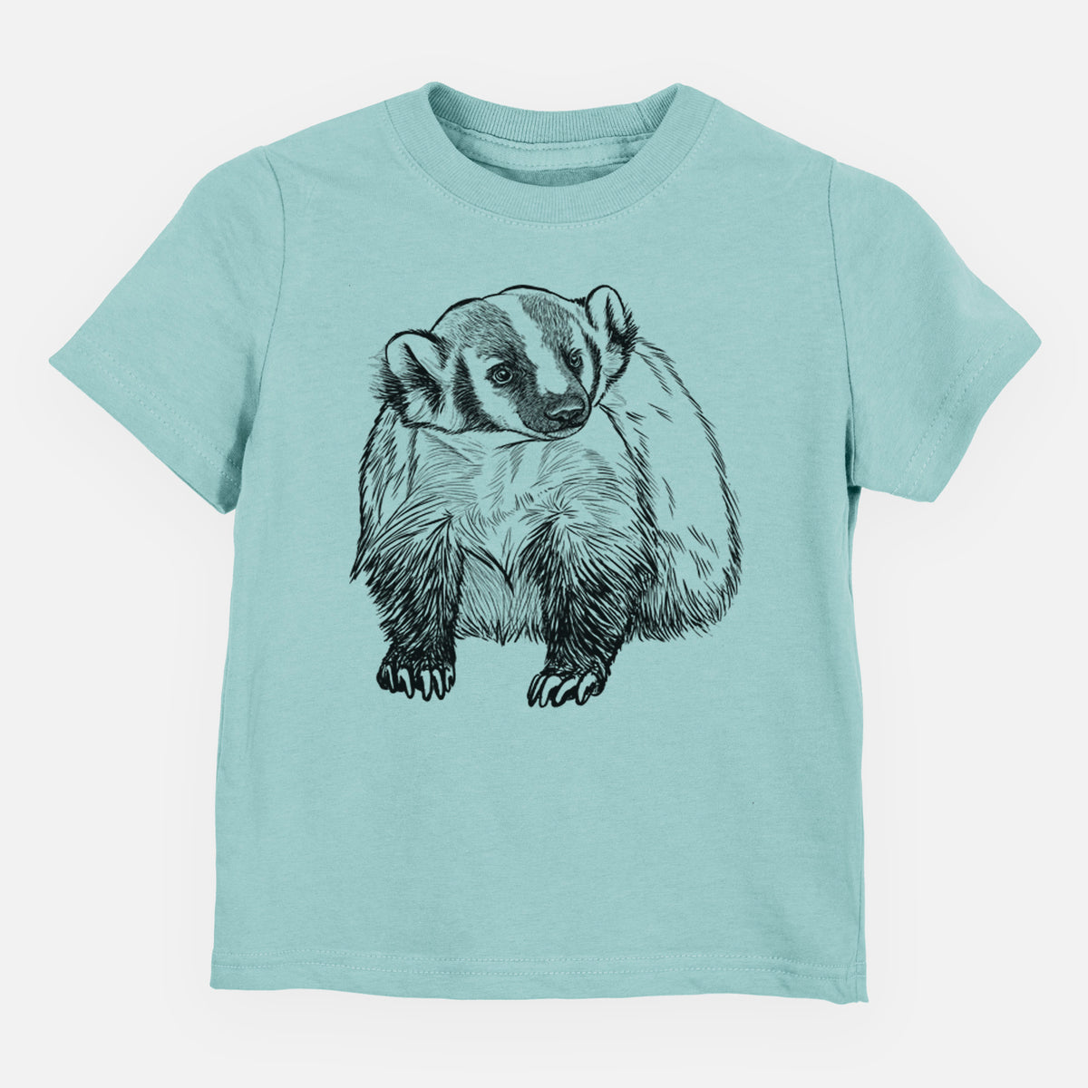 Saltwater toddler t-shirt laid flat, printed with a detailed black ink illustration of an American badger facing forward.