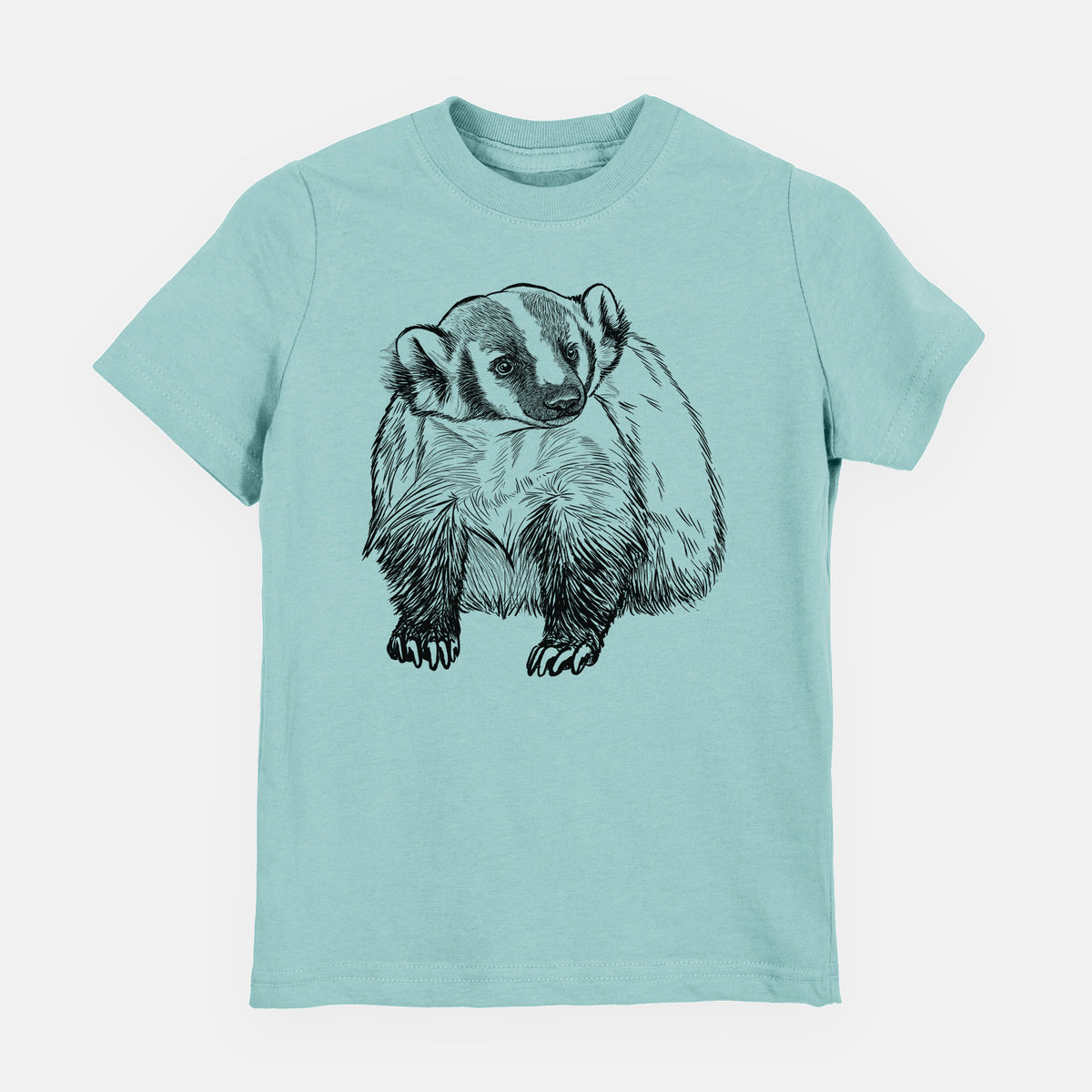 Saltwater youth t-shirt laid flat, printed with a detailed black ink illustration of an American badger facing forward.