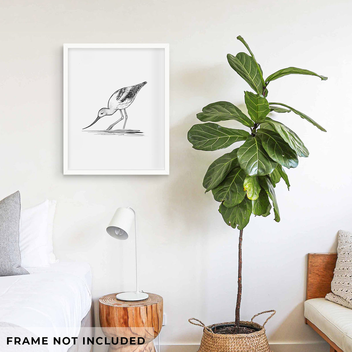 Art print of a detailed black ink sketch of an American avocet wading in shallow water, shown framed on a living room wall beside a potted plant. Frame not included.