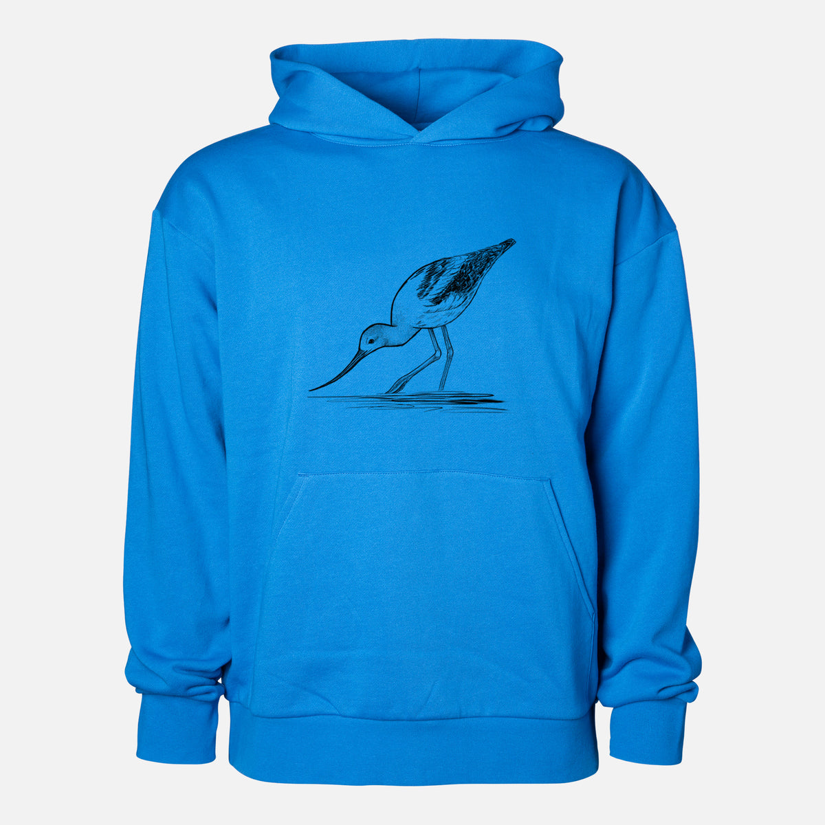 American Avocet - Recurvirostra americana - Statement Midweight Hoodie in Azure Blue, shown from the front with the design printed on the chest above a front kangaroo pocket.