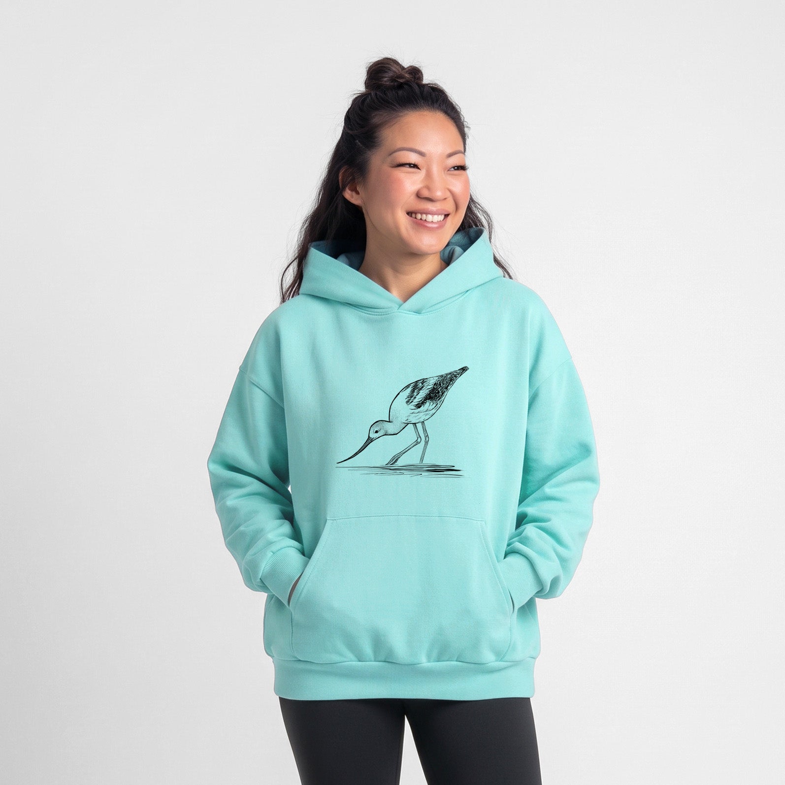 American Avocet - Recurvirostra americana - Statement Midweight Hoodie in Violet, laid flat, showing the oversized boxy fit and front kangaroo pocket.