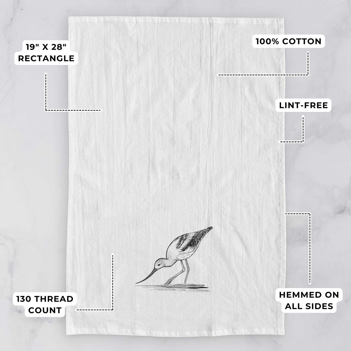 White tea towel printed with a detailed black ink sketch of an American avocet wading in shallow water, with feature labels: 19 by 28 inch rectangle, 100% cotton, lint-free, 130 thread count, hemmed on all sides.