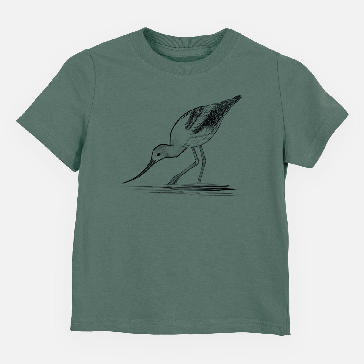 Basil green toddler t-shirt laid flat, printed with a detailed black ink sketch of an American avocet wading in shallow water.