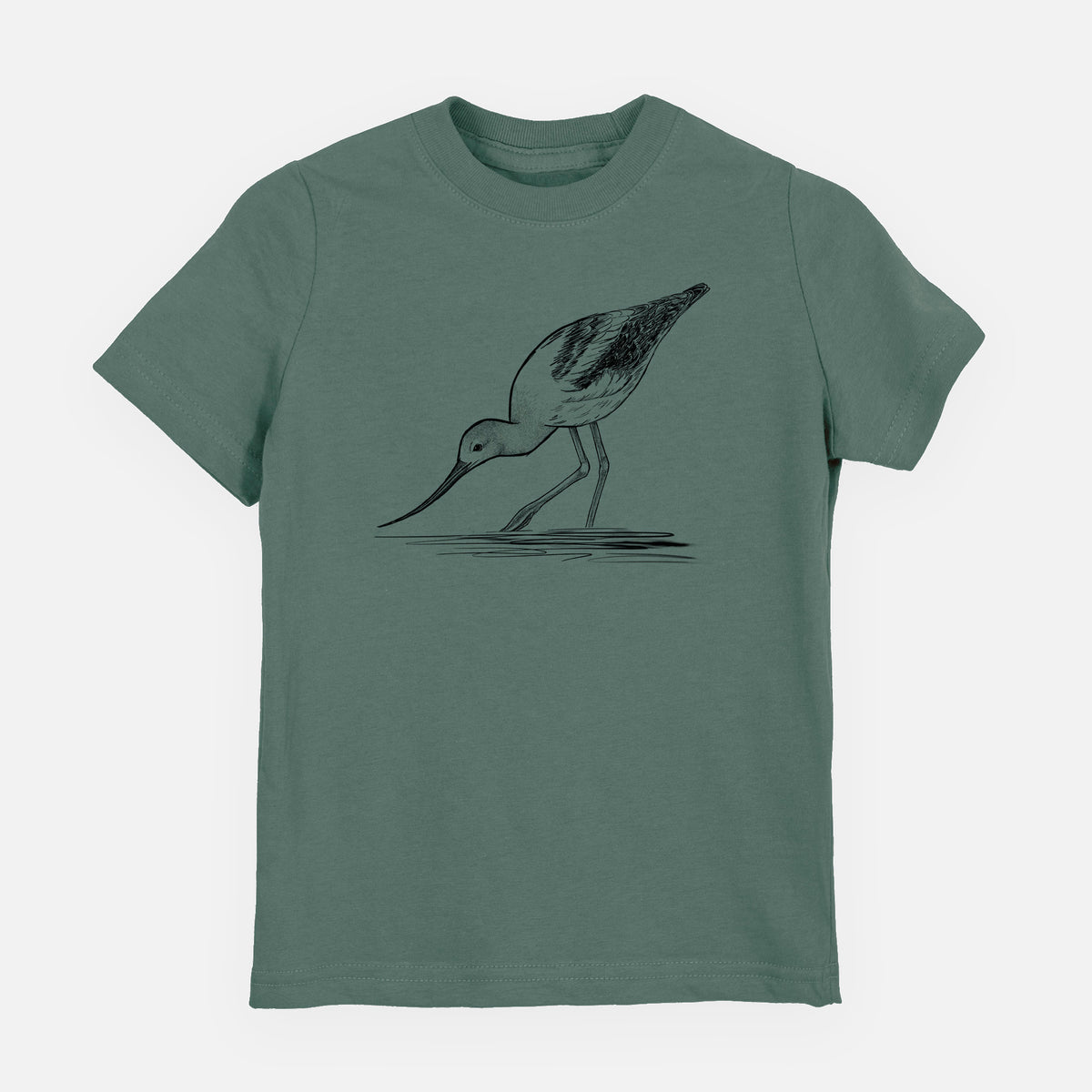 Basil green youth t-shirt laid flat, printed with a detailed black ink sketch of an American avocet wading in shallow water.