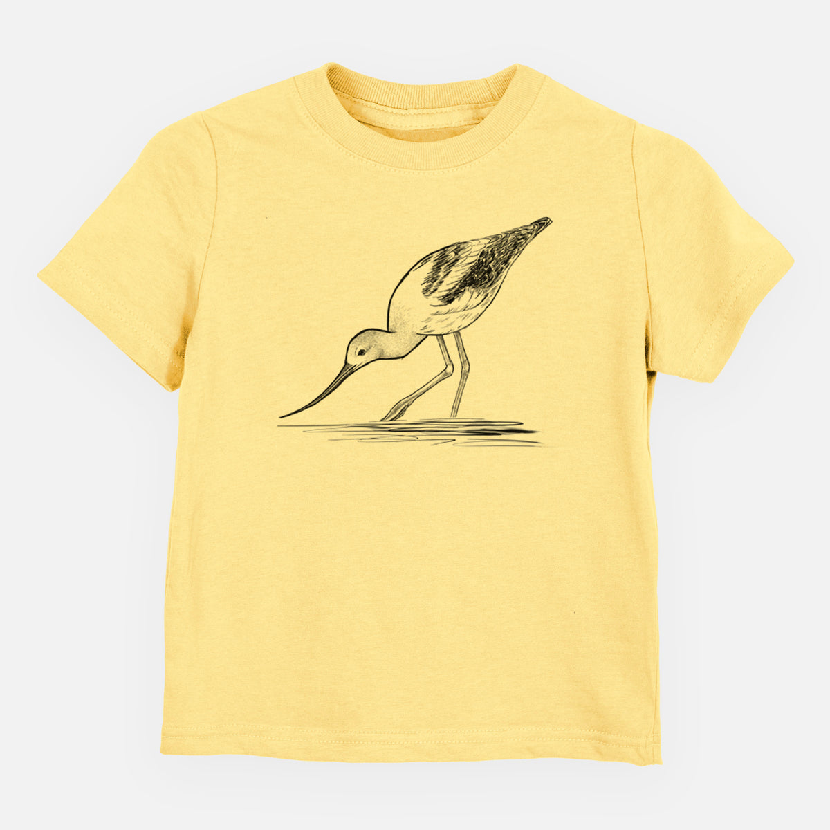 Butter yellow toddler t-shirt laid flat, printed with a detailed black ink sketch of an American avocet wading in shallow water.
