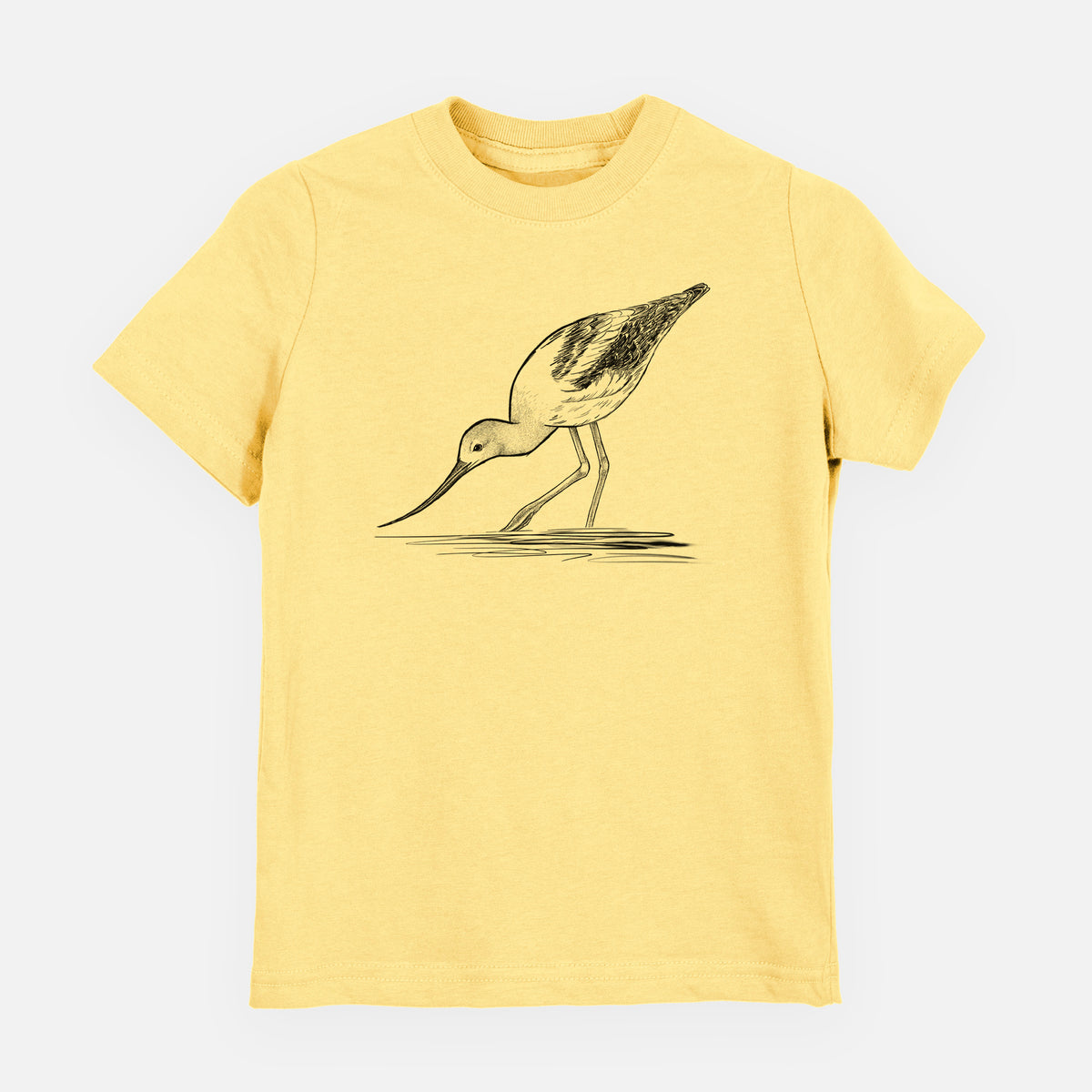 Butter yellow youth t-shirt laid flat, printed with a detailed black ink sketch of an American avocet wading in shallow water.