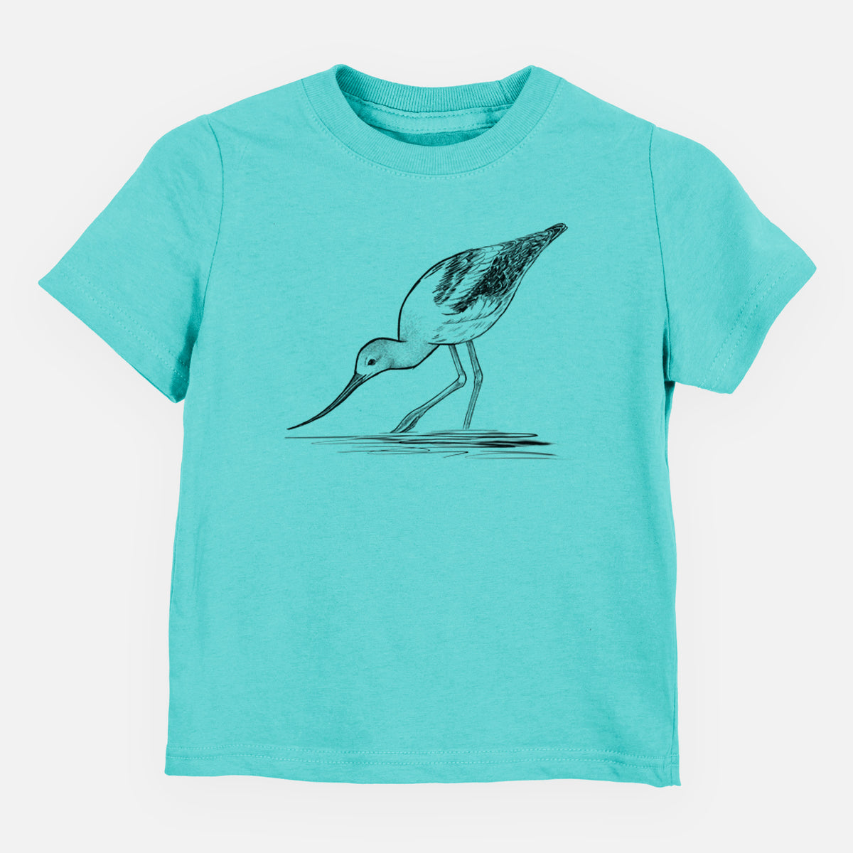 Caribbean blue toddler t-shirt laid flat, printed with a detailed black ink sketch of an American avocet wading in shallow water.