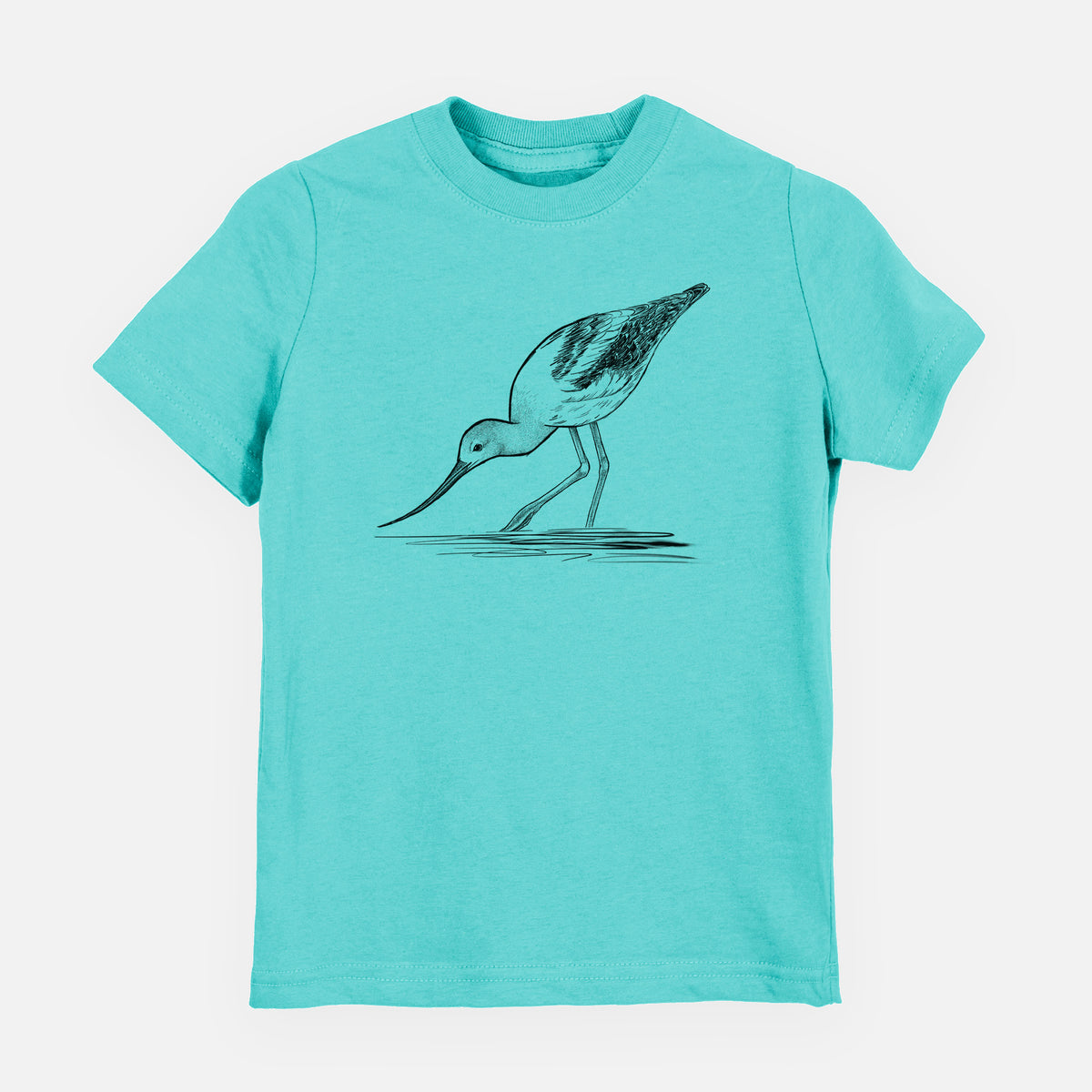 Caribbean blue youth t-shirt laid flat, printed with a detailed black ink sketch of an American avocet wading in shallow water.
