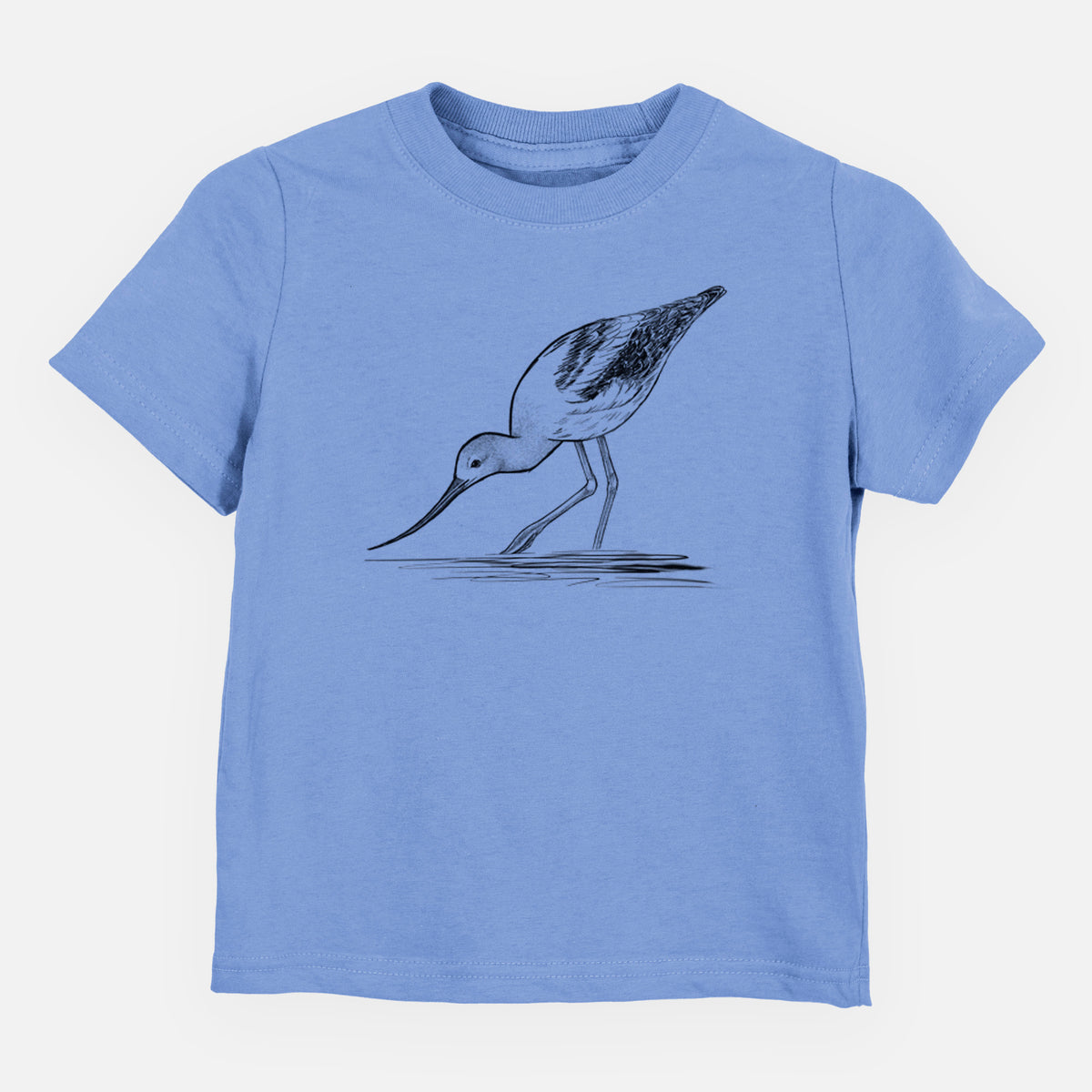 Carolina blue toddler t-shirt laid flat, printed with a detailed black ink sketch of an American avocet wading in shallow water.