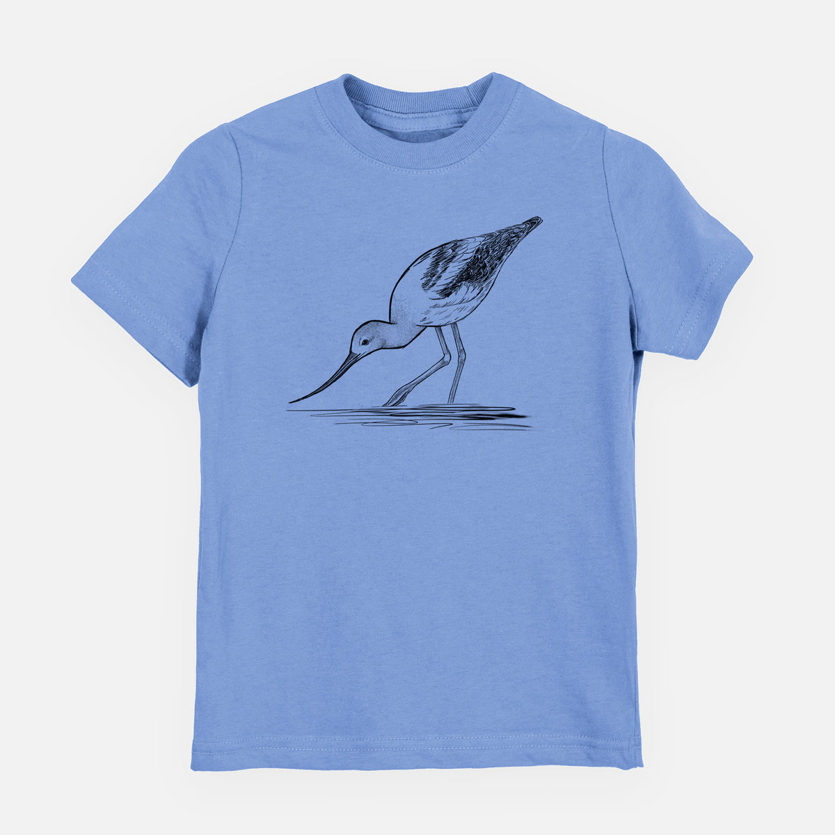Carolina blue youth t-shirt laid flat, printed with a detailed black ink sketch of an American avocet wading in shallow water.