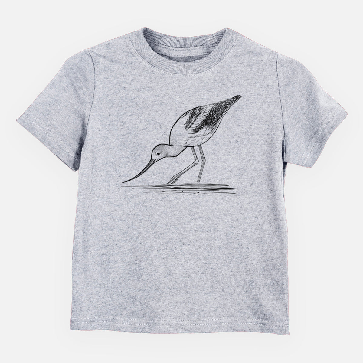 Heather grey toddler t-shirt laid flat, printed with a detailed black ink sketch of an American avocet wading in shallow water.