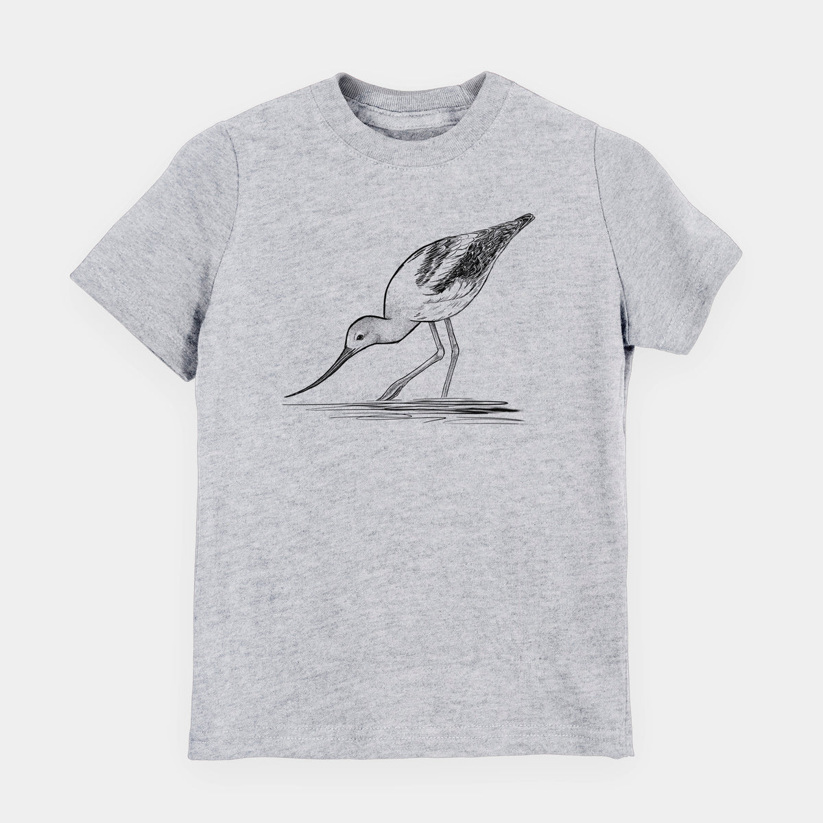 Heather grey youth t-shirt laid flat, printed with a detailed black ink sketch of an American avocet wading in shallow water.
