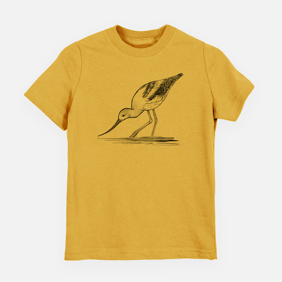 Honeycomb yellow youth t-shirt laid flat, printed with a detailed black ink sketch of an American avocet wading in shallow water.
