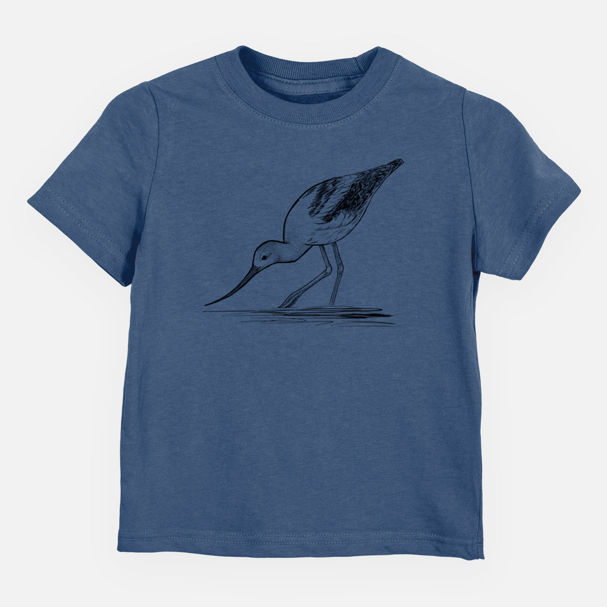 Indigo blue toddler t-shirt laid flat, printed with a detailed black ink sketch of an American avocet wading in shallow water.
