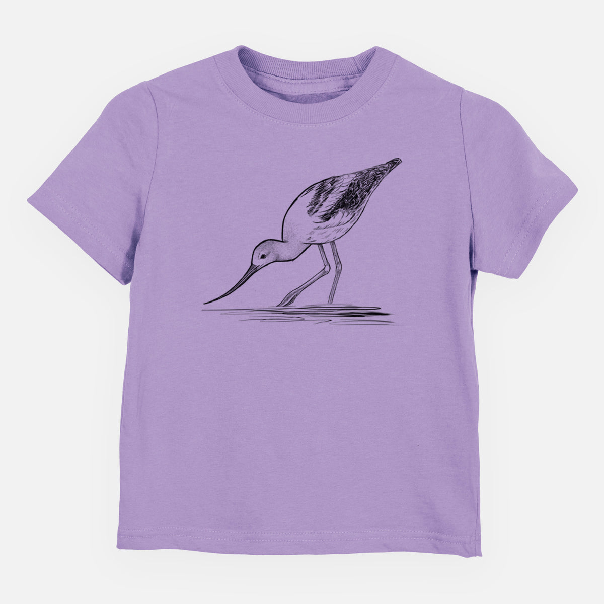 Lavender toddler t-shirt laid flat, printed with a detailed black ink sketch of an American avocet wading in shallow water.