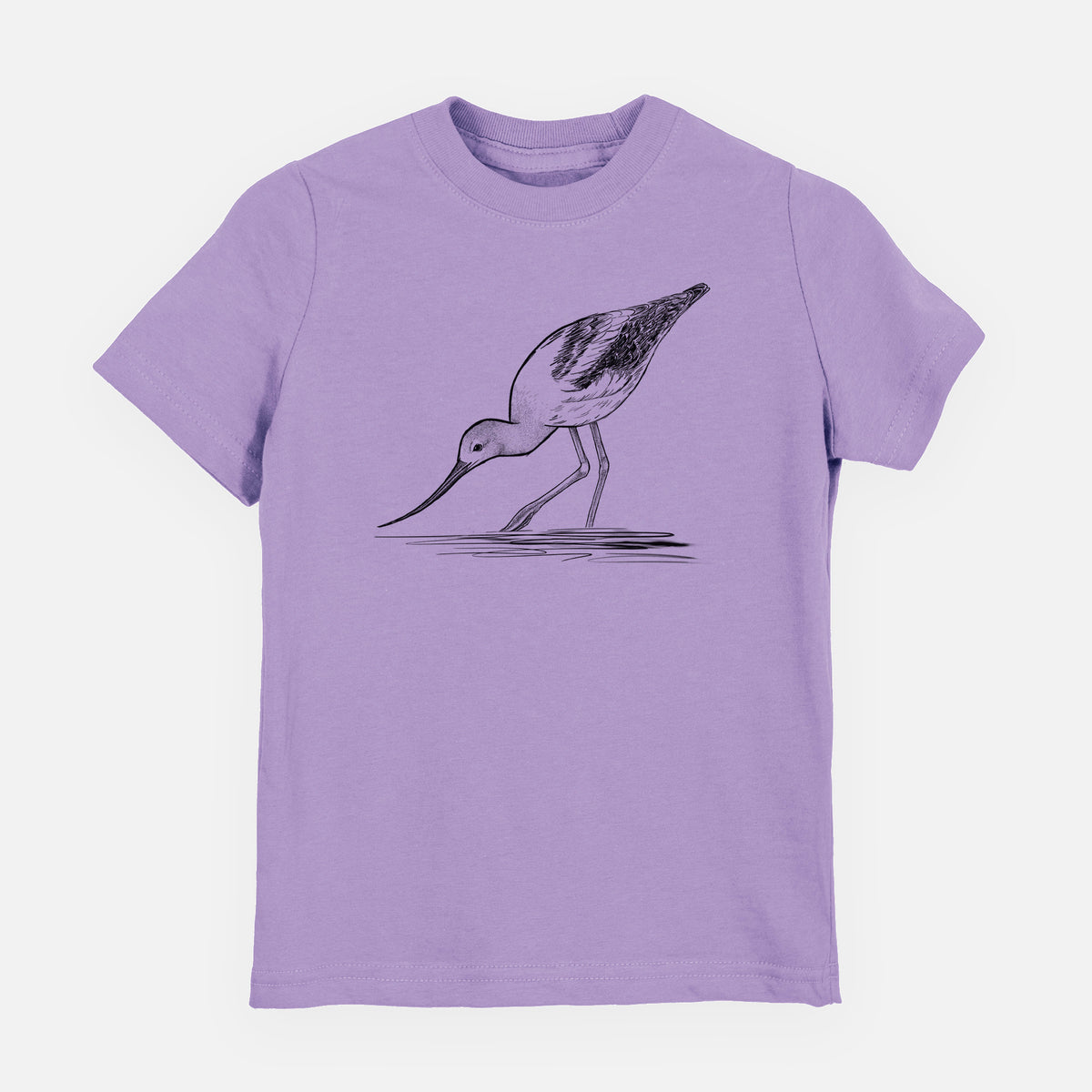 Lavender youth t-shirt laid flat, printed with a detailed black ink sketch of an American avocet wading in shallow water.