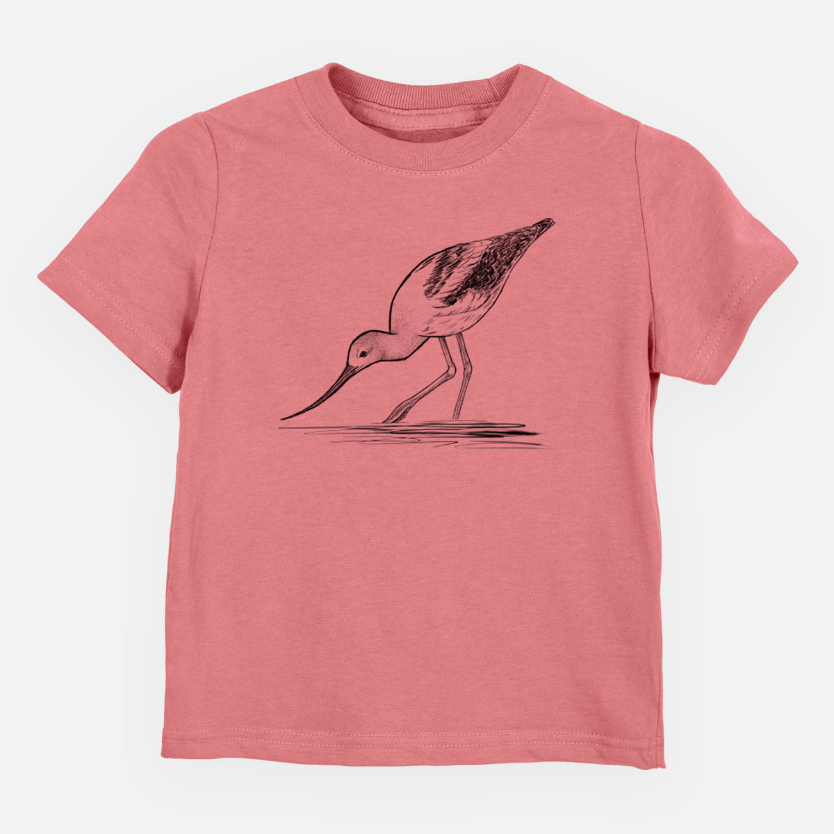 Mauve pink toddler t-shirt laid flat, printed with a detailed black ink sketch of an American avocet wading in shallow water.