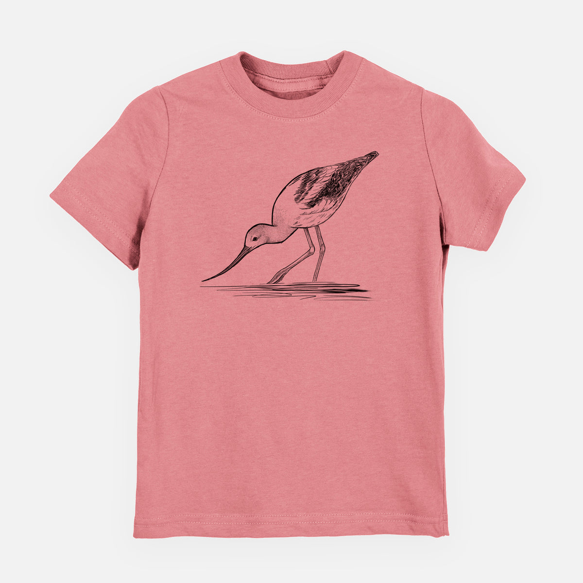 Mauve pink youth t-shirt laid flat, printed with a detailed black ink sketch of an American avocet wading in shallow water.