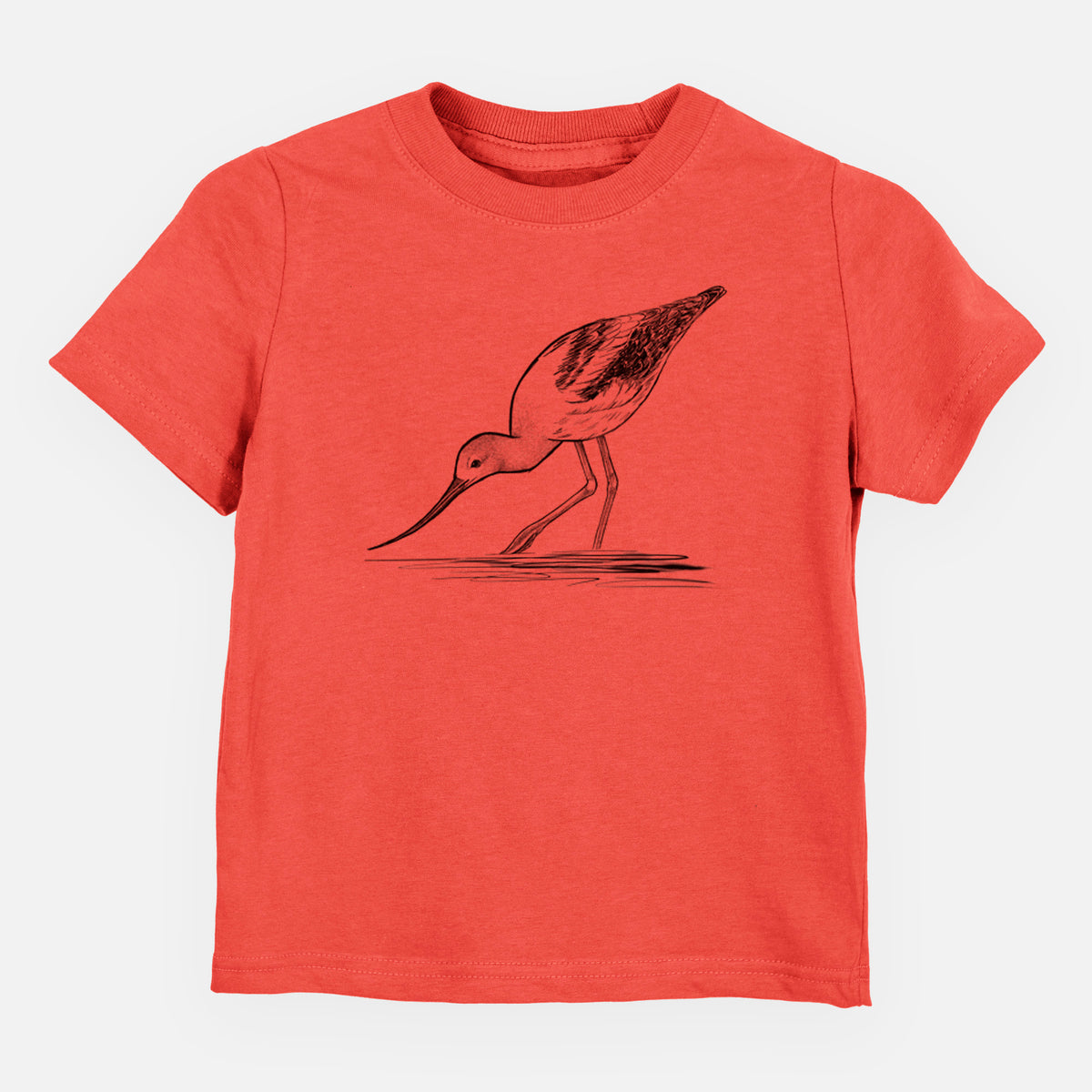 Passionfruit pink toddler t-shirt laid flat, printed with a detailed black ink sketch of an American avocet wading in shallow water.