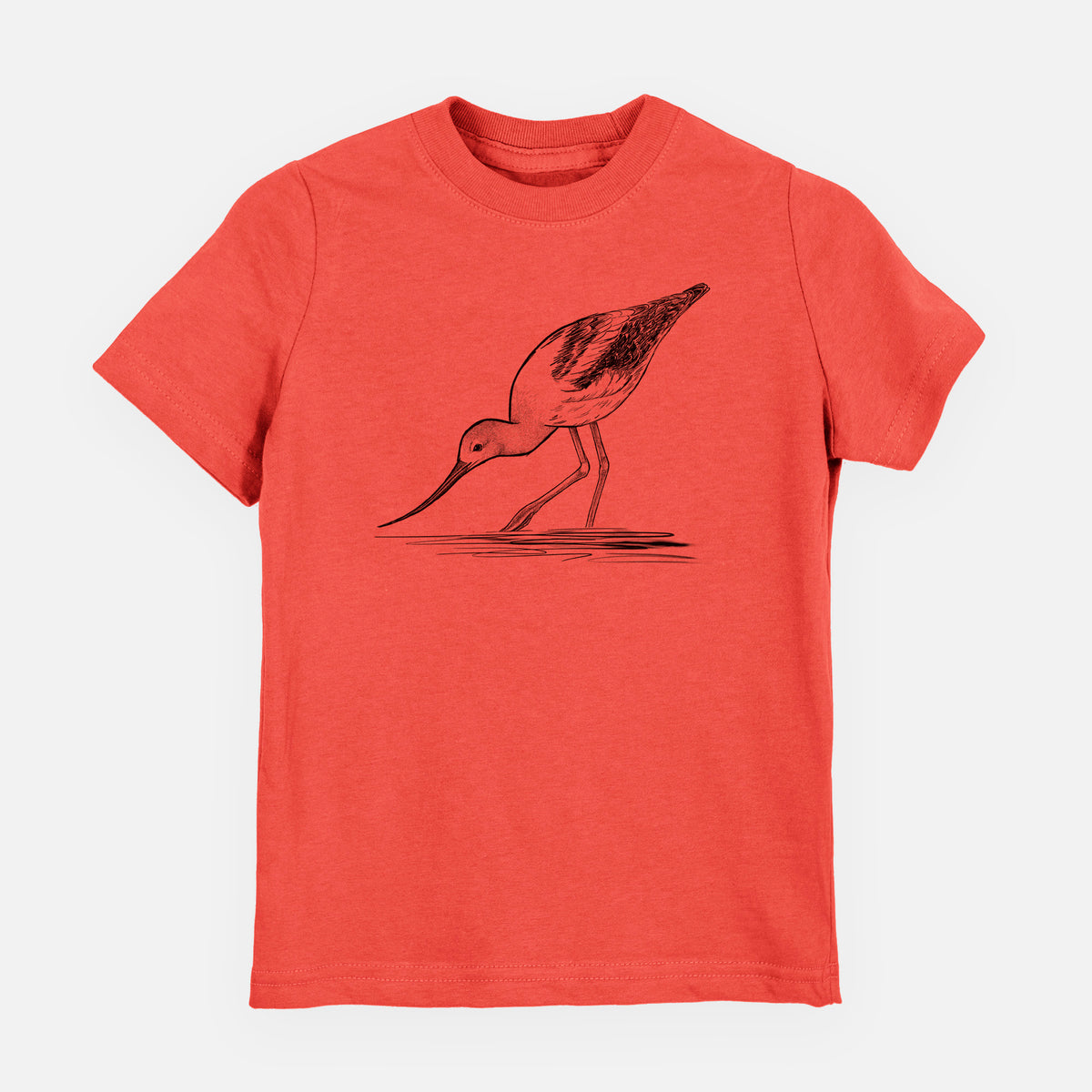 Passionfruit pink youth t-shirt laid flat, printed with a detailed black ink sketch of an American avocet wading in shallow water.