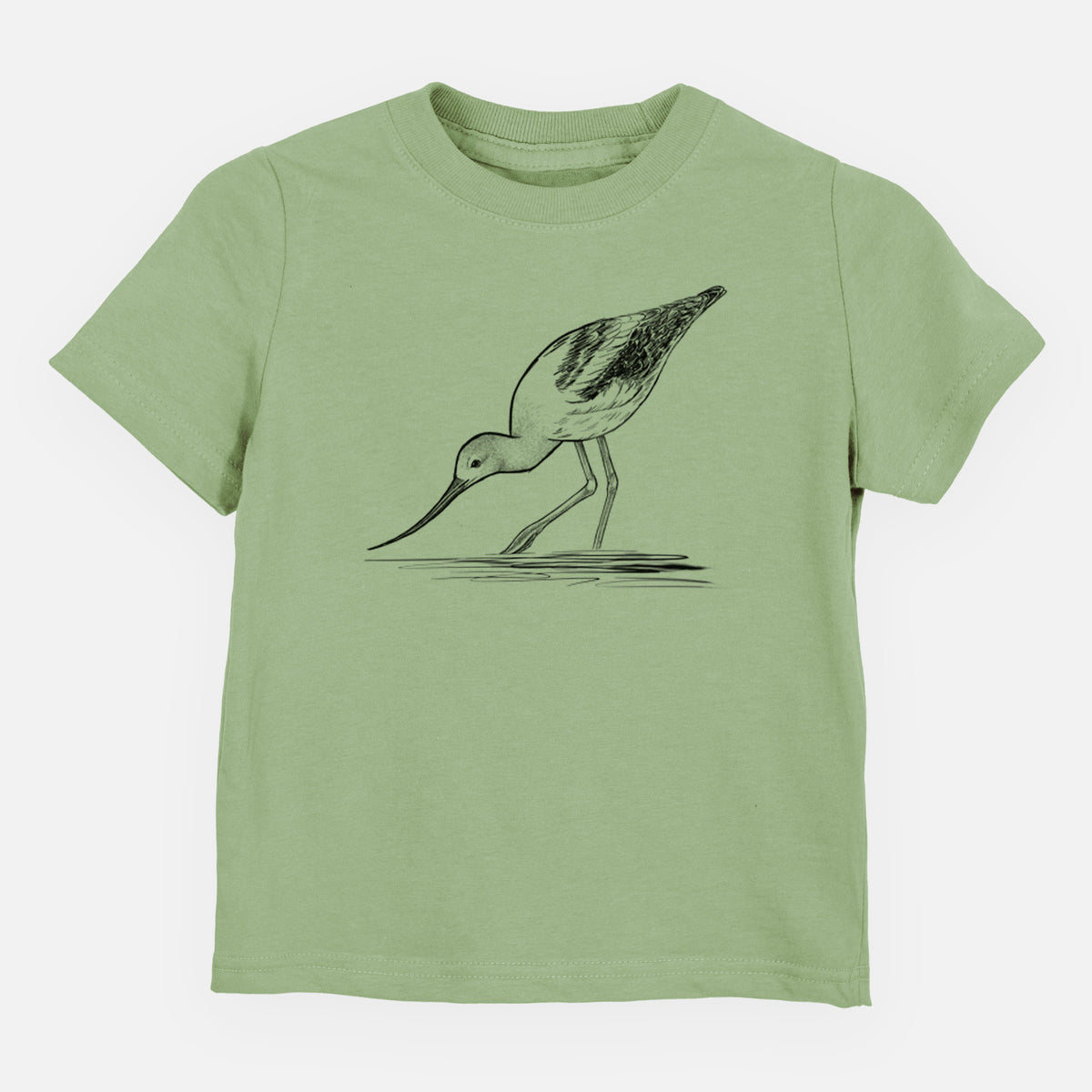 Sage green toddler t-shirt laid flat, printed with a detailed black ink sketch of an American avocet wading in shallow water.