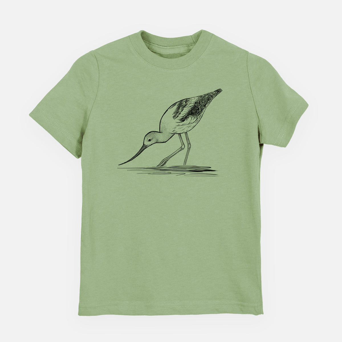 Sage green youth t-shirt laid flat, printed with a detailed black ink sketch of an American avocet wading in shallow water.
