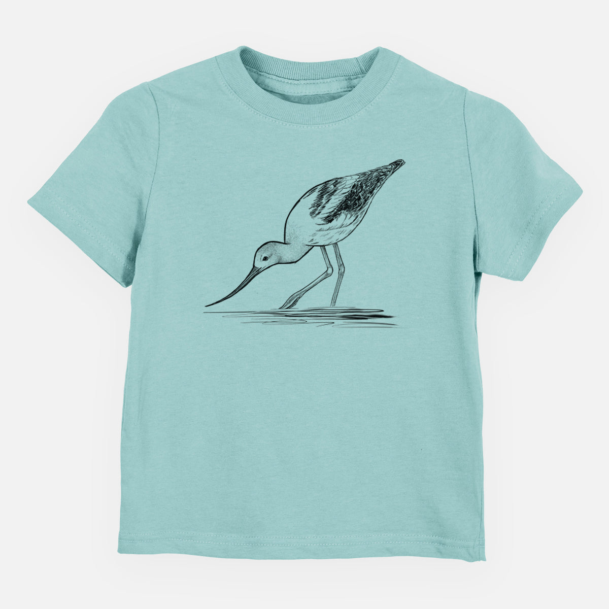 Saltwater toddler t-shirt laid flat, printed with a detailed black ink sketch of an American avocet wading in shallow water.